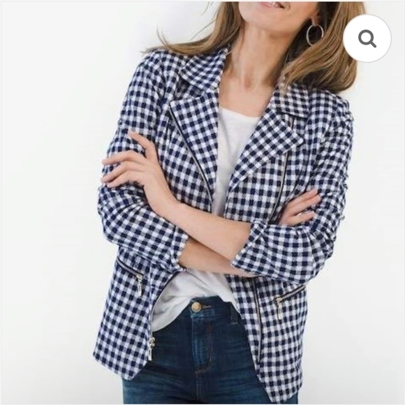 Chico's Jackets & Blazers - Chico's |  Blue Gingham Moto Jacket Asymmetrical Zip Jacket Size 1 Medium